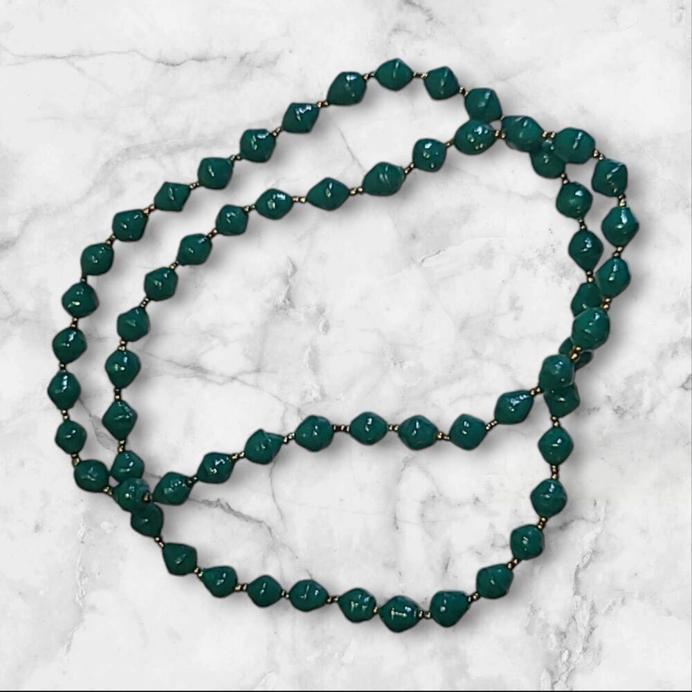 Teal Green Recycled Paper Bead Necklace 34"